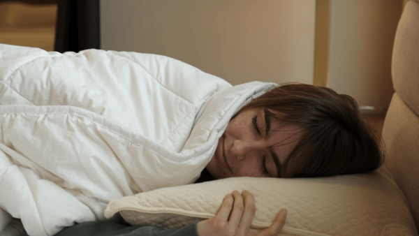 Melange Profile Side Sleeper Pillow_with Model_Blanket_45th St Bedding